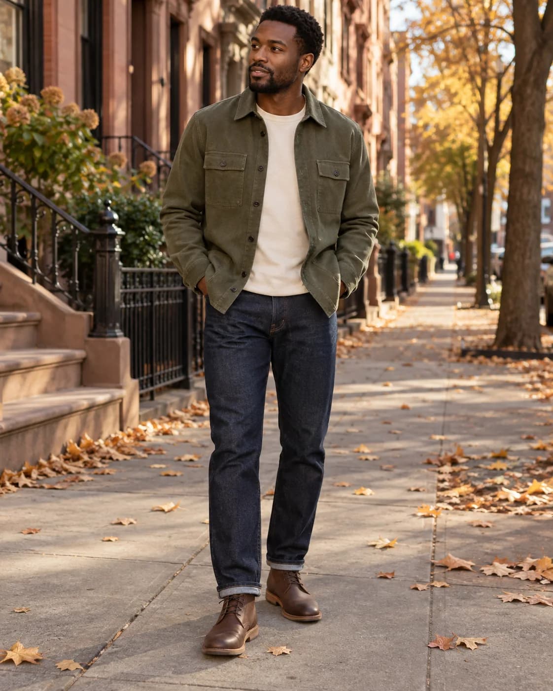 Olive overshirt over a cream T-shirt with dark denim and brown boots