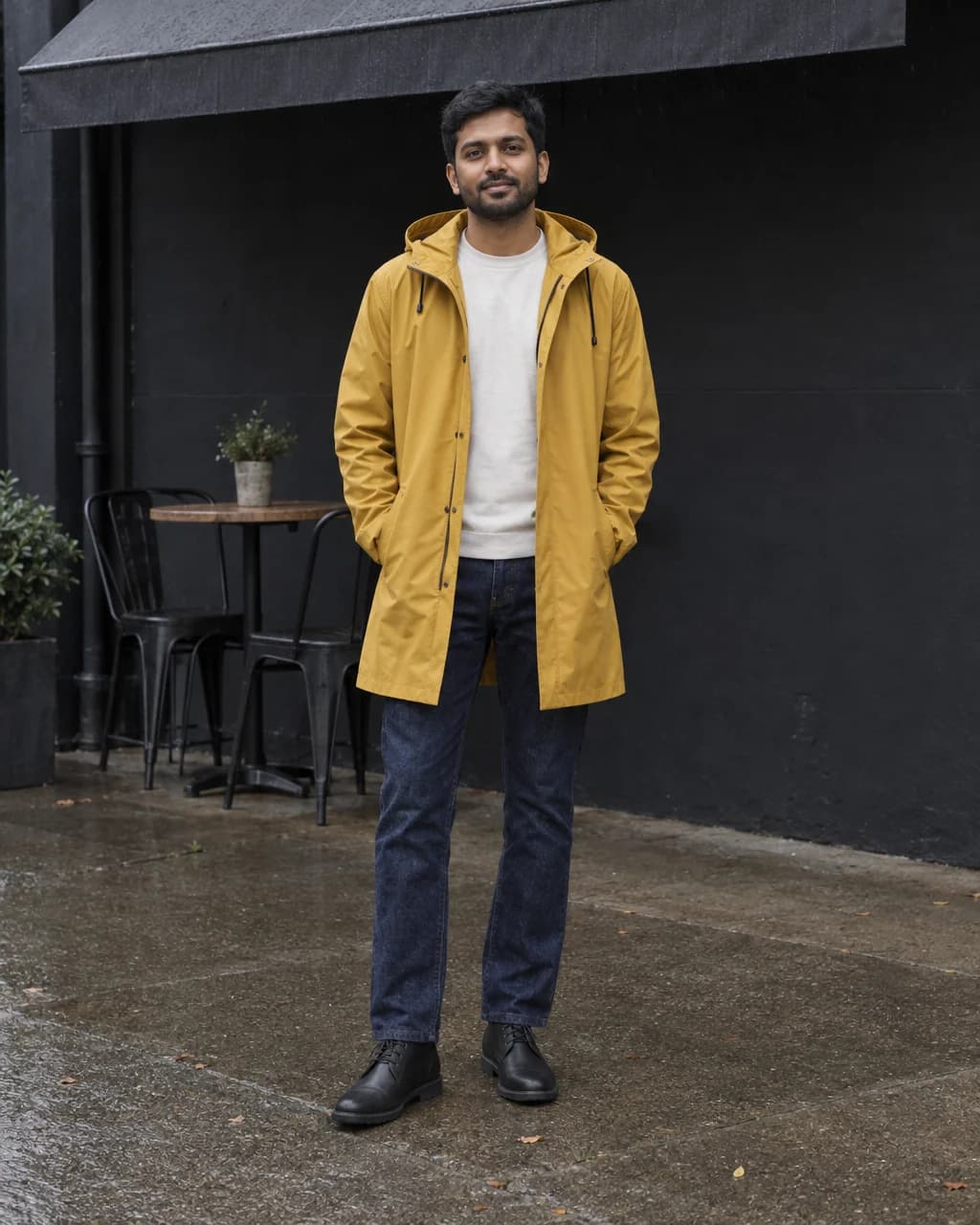 Man in a yellow mid-thigh raincoat, cream tee, dark jeans and black leather chukka boots beneath a café awning
